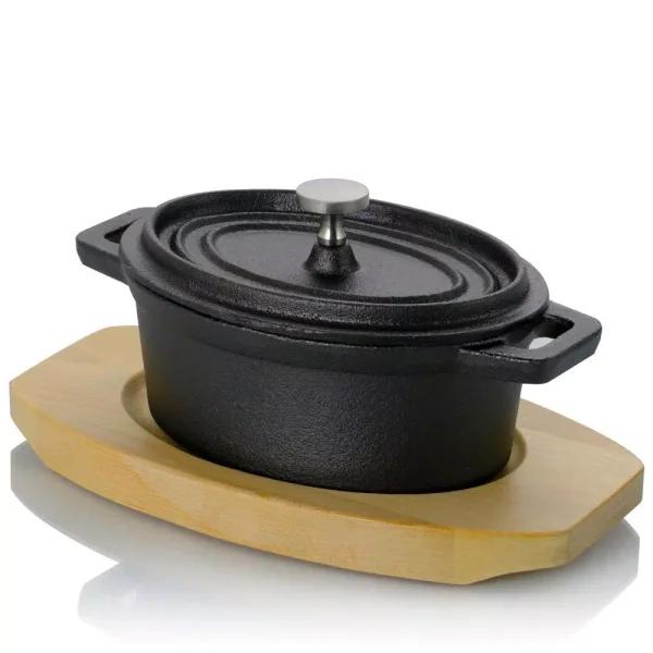 Gibson Home Campton 0.35 qt. Oval Cast Iron Mini Casserole Dish with Lid and Wood Base, Black