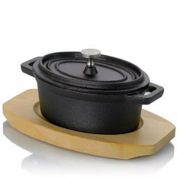 Gibson Home Campton 0.35 qt. Oval Cast Iron Mini Casserole Dish with Lid and Wood Base, Black thumbnail 1