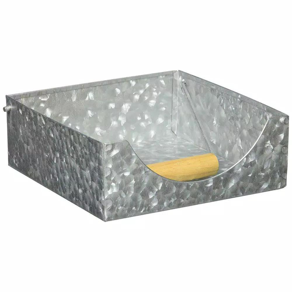Benzara Galvanized Steel Napkin Holder with Folding Wooden Handle - Gray Vintage Style