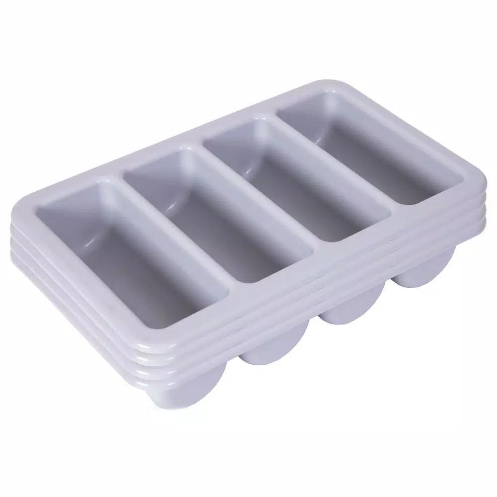 Basicwise Grey 4-Compartment Commercial Cutlery Holder Drawer Organizer, Set of 4