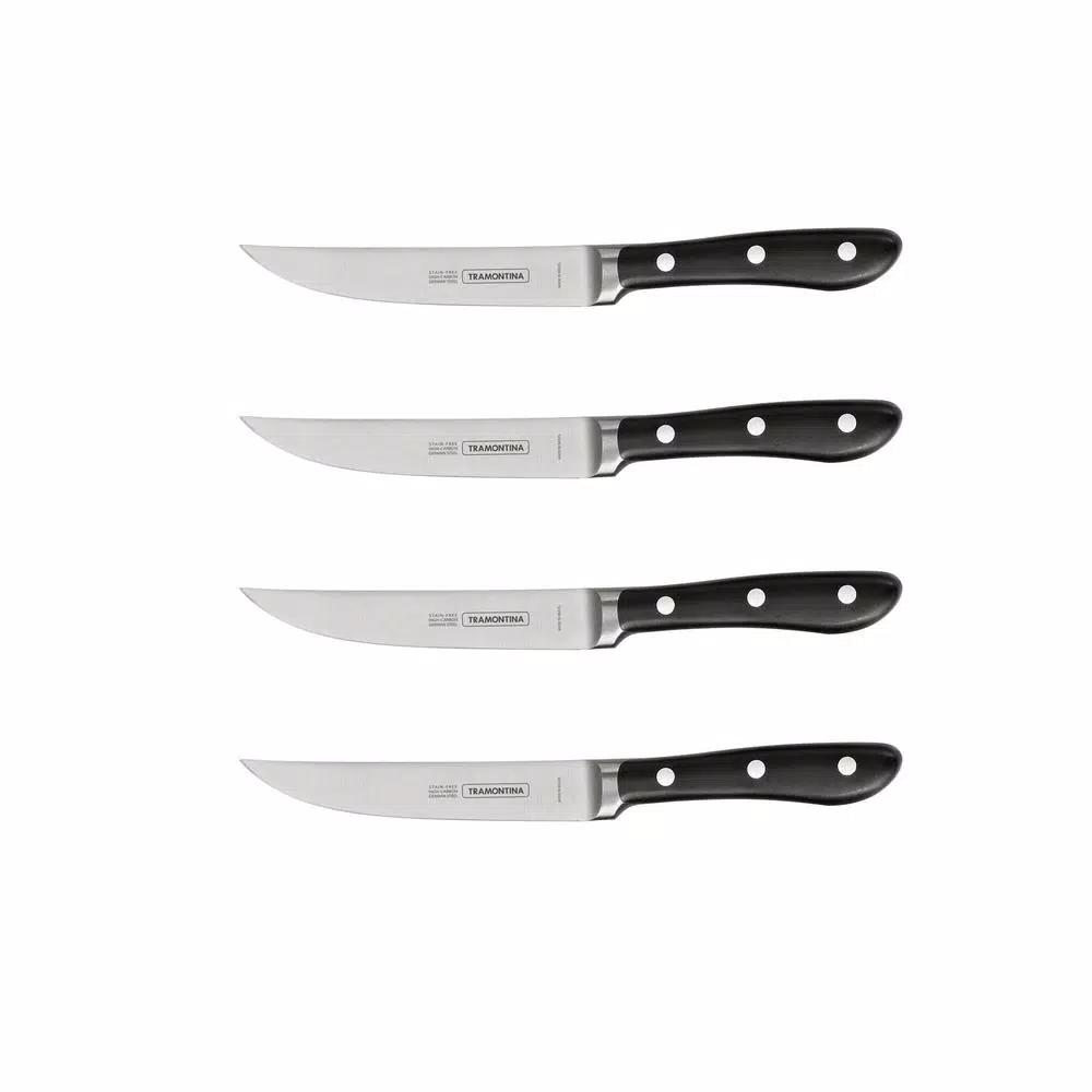 Tramontina 4-Piece 5 in. High Carbon Stainless Steel Serrated Steak Knife Set with Black Polycarbonate Handles