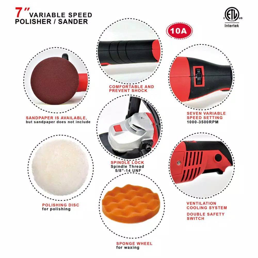 Boyel Living 7 in. Variable Speed Corded Disc Sander Polisher Buffer, 10 Amp, 1000-3500 RPM