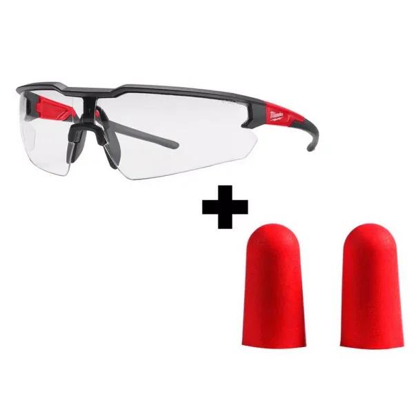 Milwaukee Safety Glasses with Clear Lenses and 10 Pairs of Red Disposable Earplugs