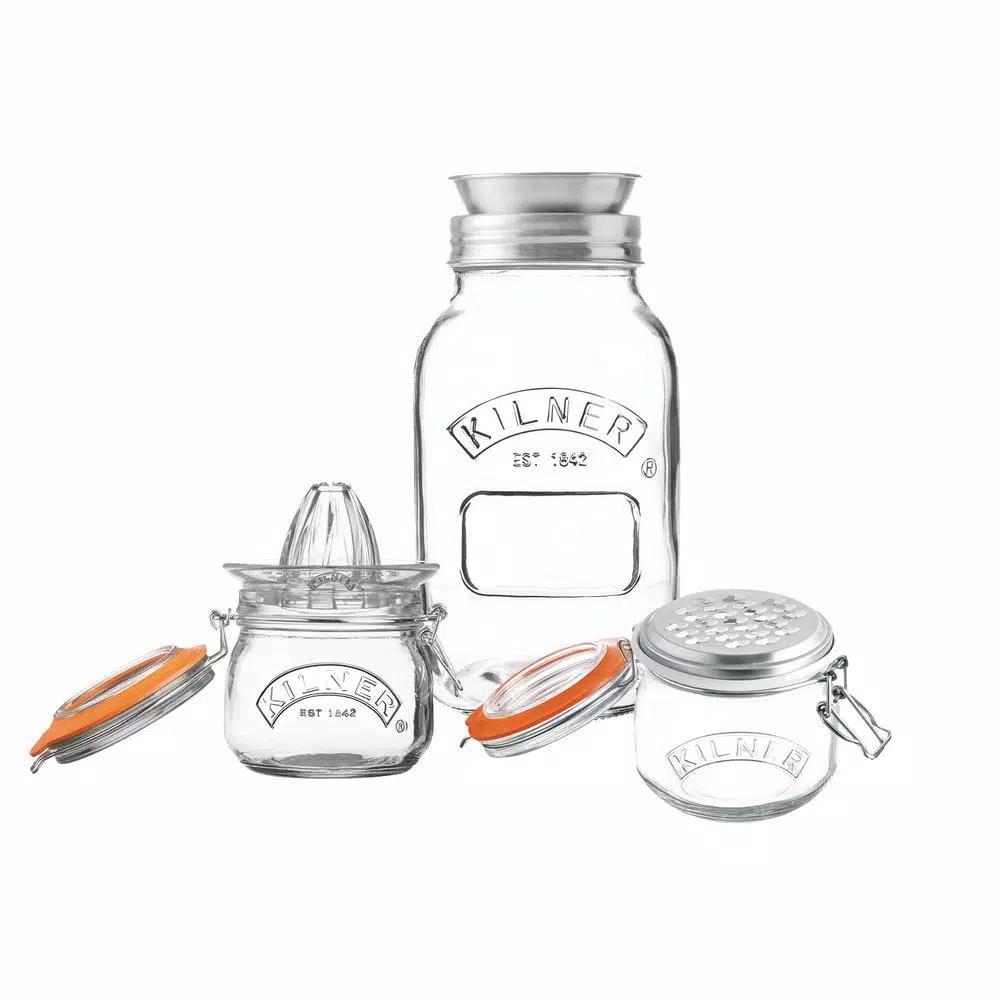 Kilner 3-Piece Kitchen Tool Set: Spiralizer, Juicer & Grater with Glass Jars