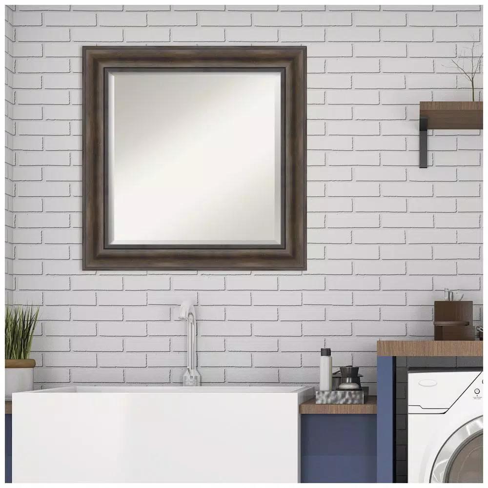 Amanti Art 25 in. Square Rustic Dark Brown Distressed Wood Framed Beveled Edge Bathroom Vanity Mirror
