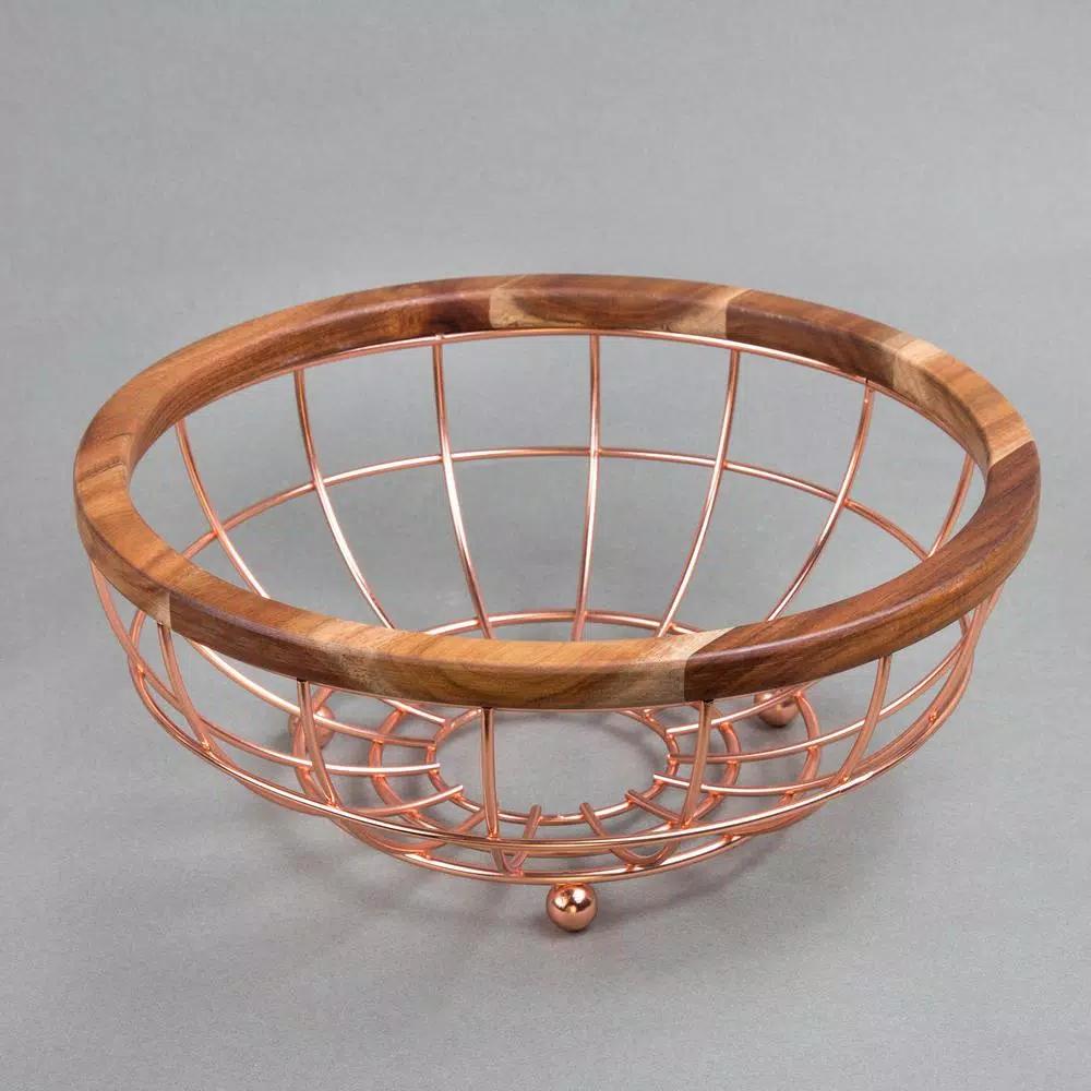 Creative Home Deluxe Acacia Wood and Copper Plated Iron Wire Fruit Basket Bowl