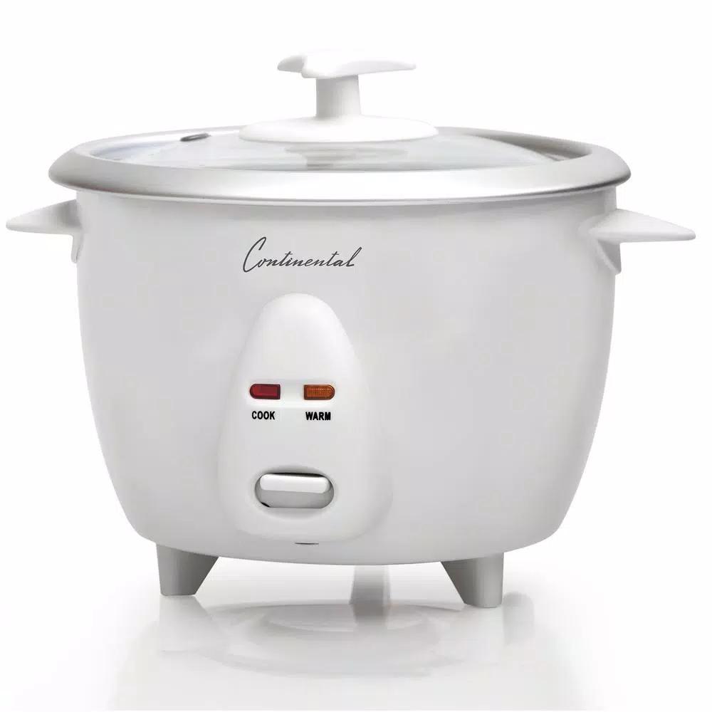 Continental Electric 6-Cup White Rice Cooker and Steamer with Tempered Glass Lid