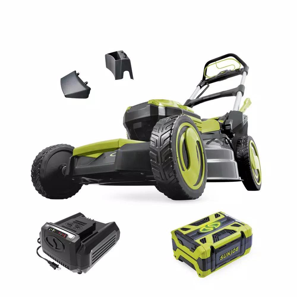 Sun Joe iON100V-21LM 21 in. 100V Cordless Self-Propelled Walk-Behind Lawn Mower Kit with 5.0 Ah Battery and Charger