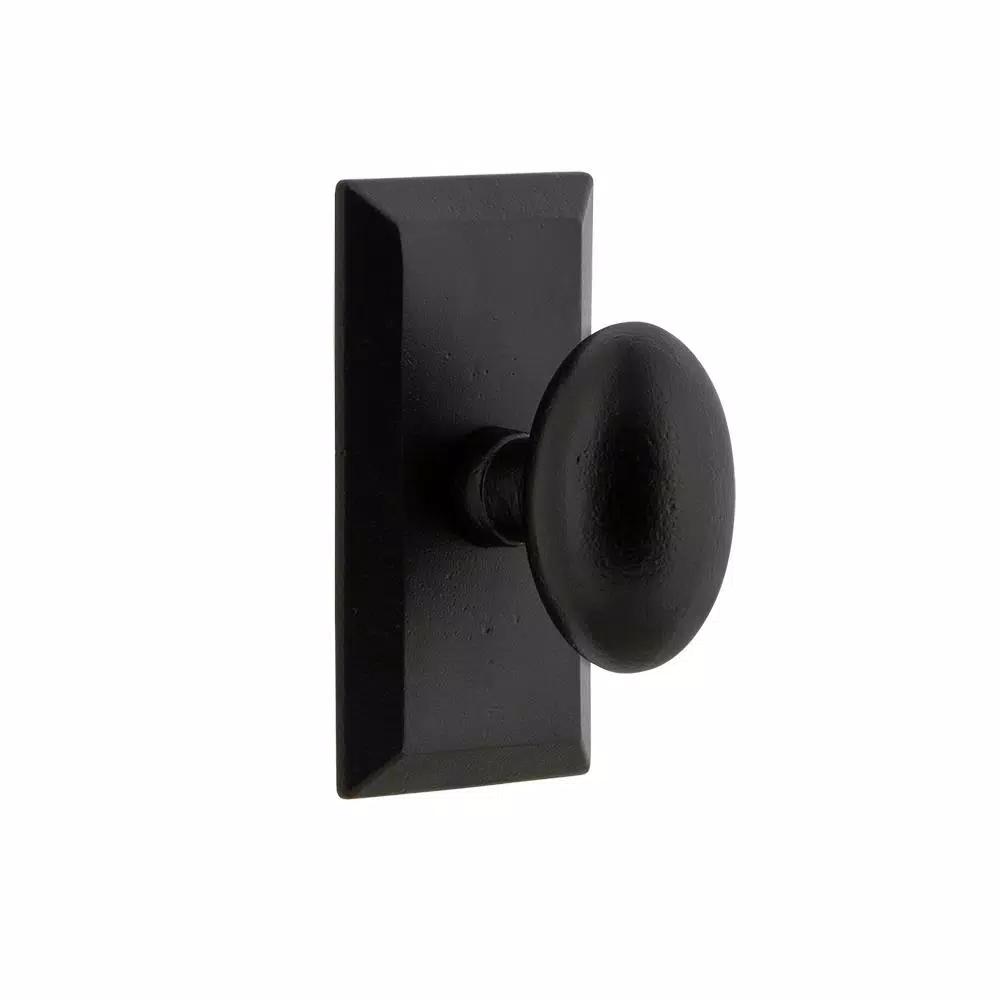Unbranded Vale Black Iron Privacy Egg-Shaped Door Knob with Short Plate