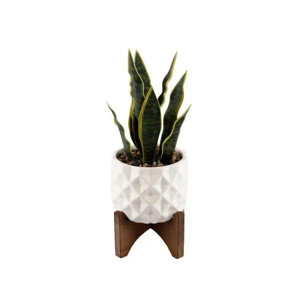 Flora Bunda 12.5 in. Faux Snake Plant in White Dimple Pattern Ceramic Pot with Wood Stand