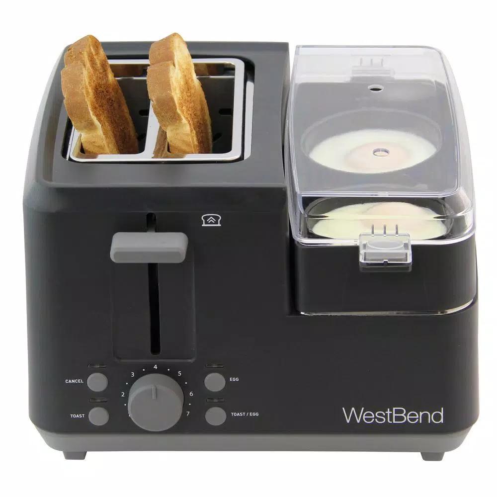 West Bend 2-Slice Wide Slot Breakfast Station Toaster and Egg Poacher with Meat Warming Tray, Black