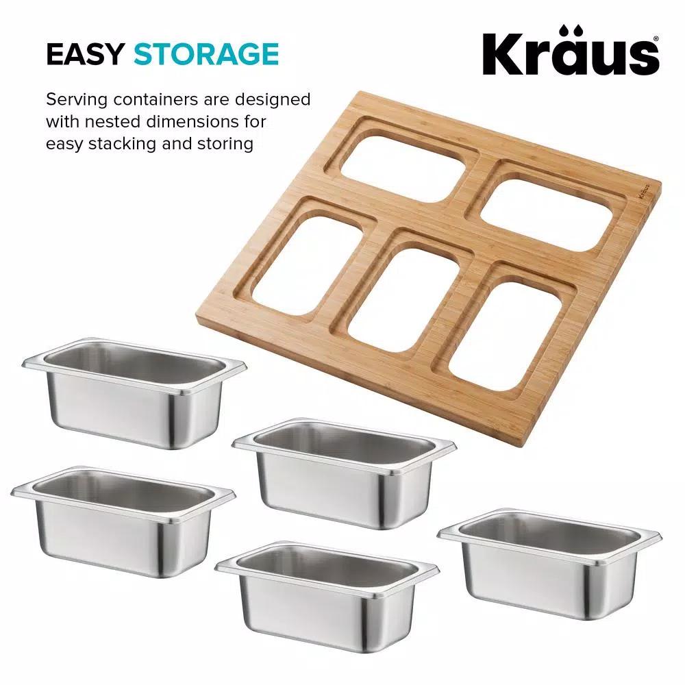 KRAUS Workstation Kitchen Sink Accessory Set with Bamboo Serving Board and 5 Stainless Steel Prep Bowls
