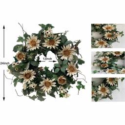 Glitzhome 24 in. Artificial Green Wreath with White Cream Sunflowers and Silk Leaves thumbnail 4