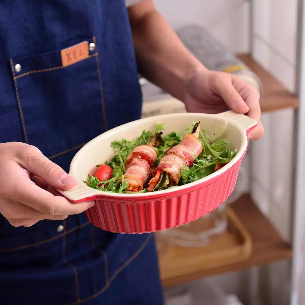 MALACASA Red Oval Porcelain Bakeware Set, 2-Piece Ceramic Baking Dish Pans (9.5 in. and 11.25 in.)