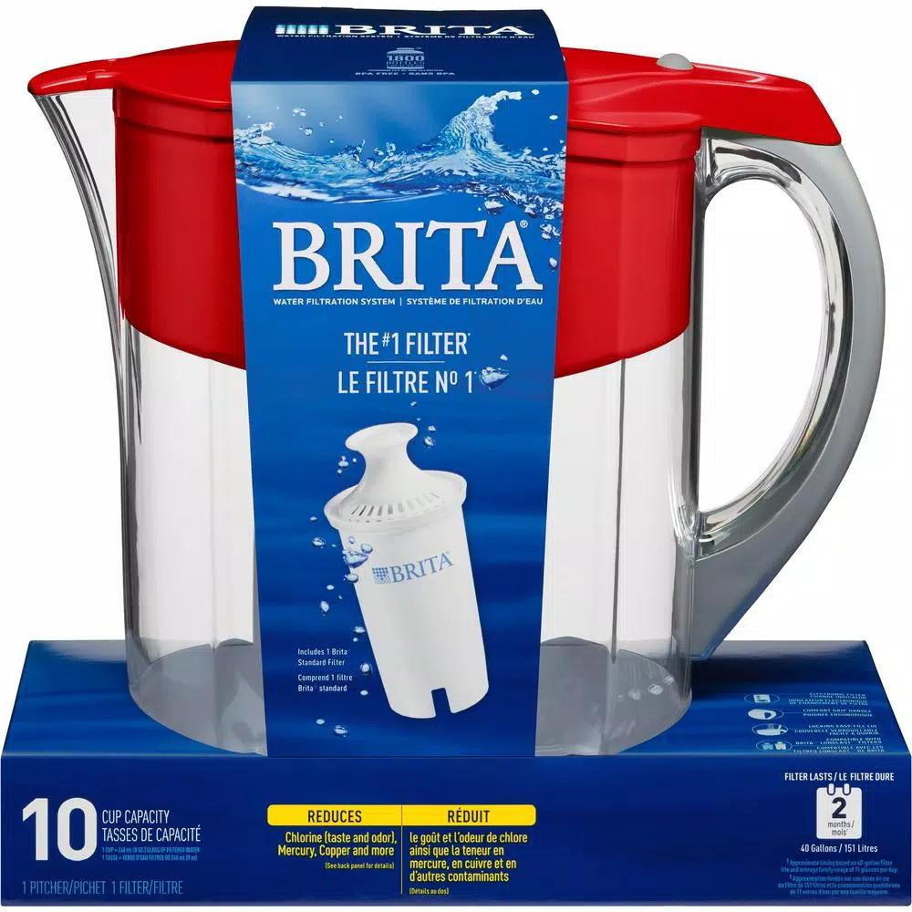 Brita Water Filter Pitcher, 80 fl. oz. Large Capacity, BPA Free, Red