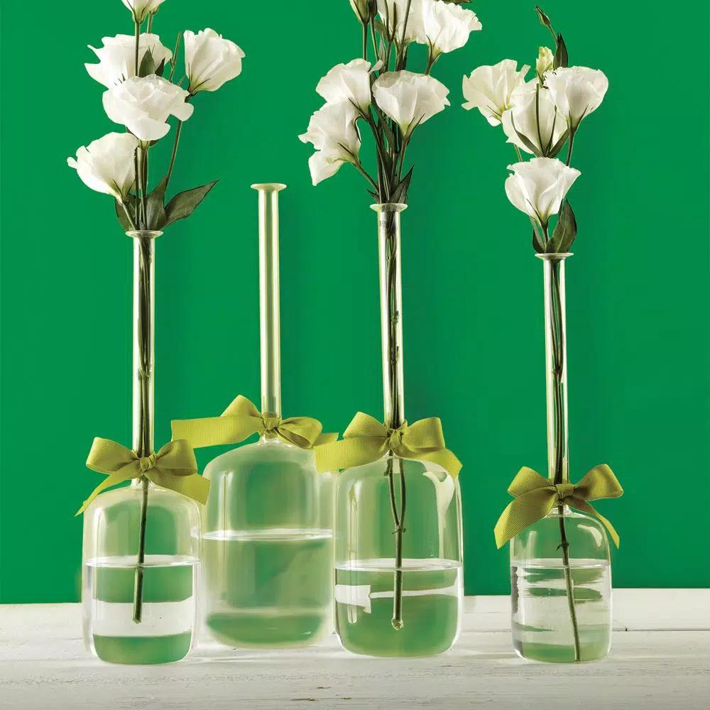 Two's Company Hand-Blown Glass Cylinder Vase Set of 4 with Sage Green Ribbon Detail