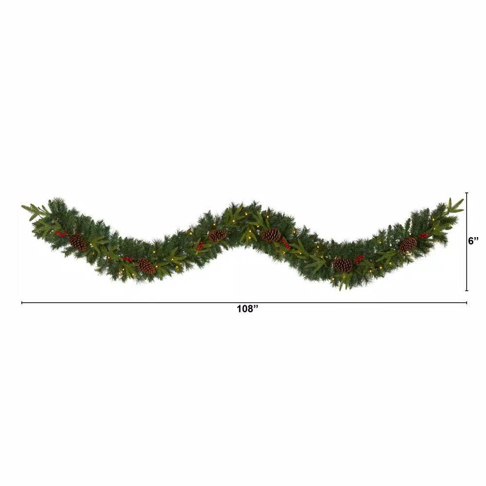 Nearly Natural 9 ft. Pre-lit Mixed Pine Artificial Christmas Garland with 50 LED Lights, Berries & Pinecones