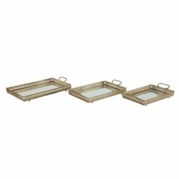 LITTON LANE Set of 3 Large Rectangular Metallic Gold Mirror Vanity Trays with Pierced Metal Designs thumbnail 2