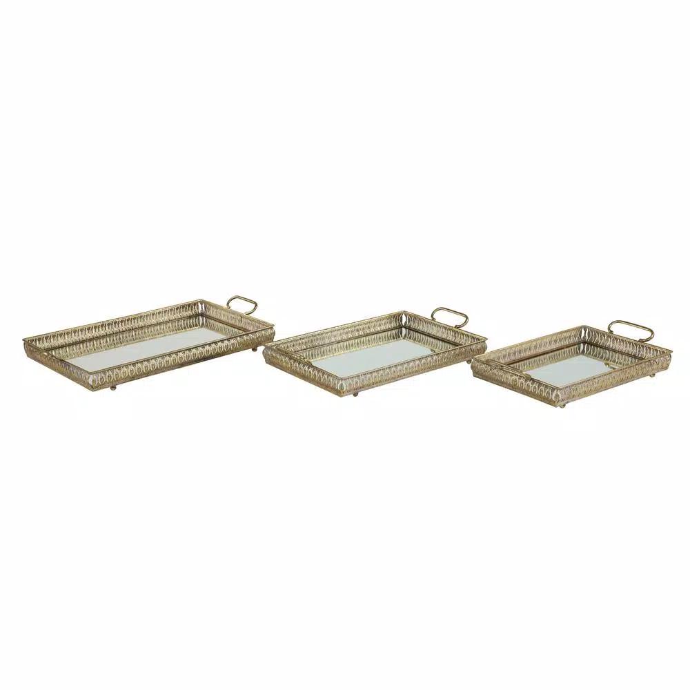 LITTON LANE Set of 3 Large Rectangular Metallic Gold Mirror Vanity Trays with Pierced Metal Designs