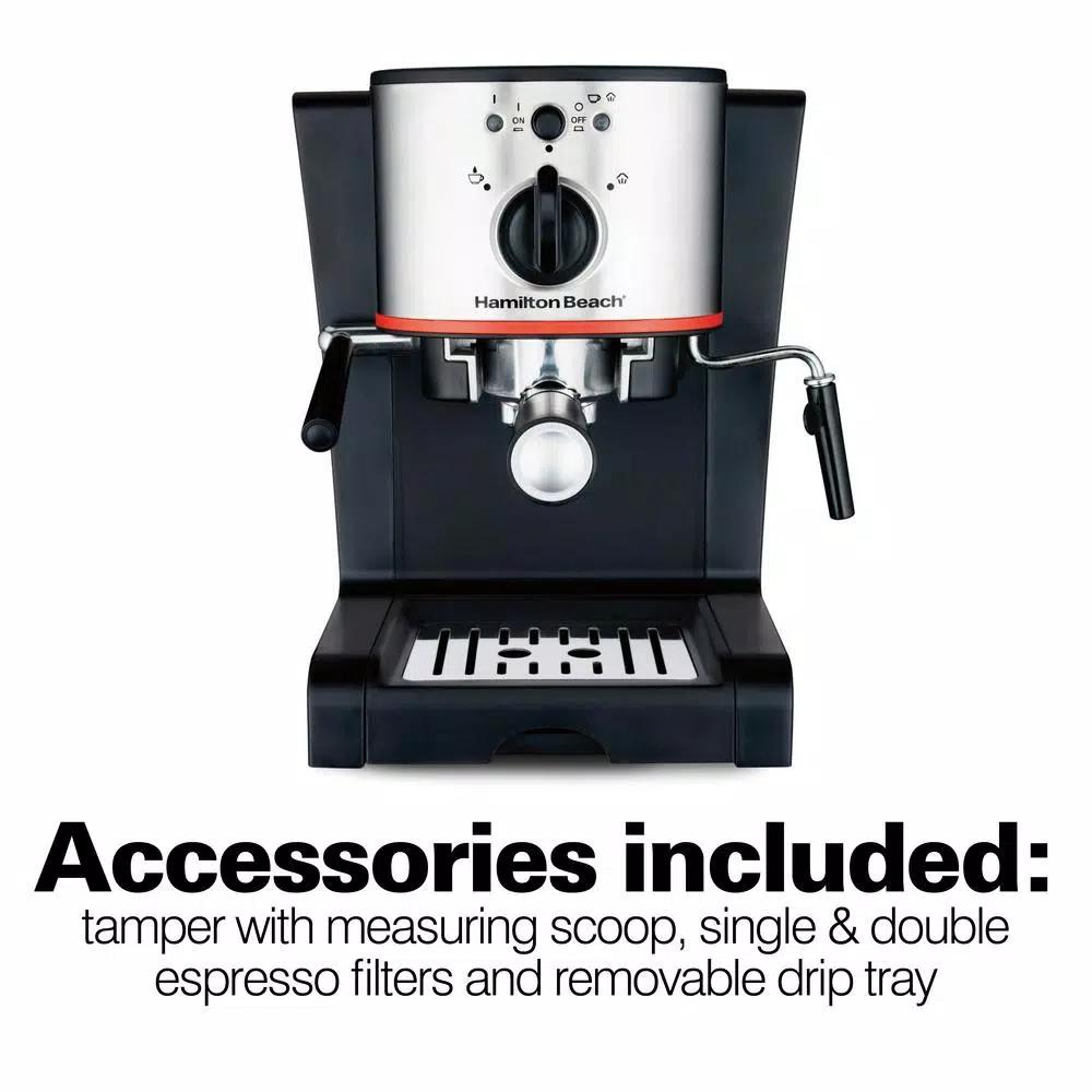 Hamilton Beach 2-Cup Espresso and Cappuccino Maker with Milk Frother, 15 Bar Pump, Black/Stainless Steel
