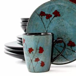 Elama Floral Accents 16-Piece Blue Stoneware Dinnerware Set, Service for 4 thumbnail 4
