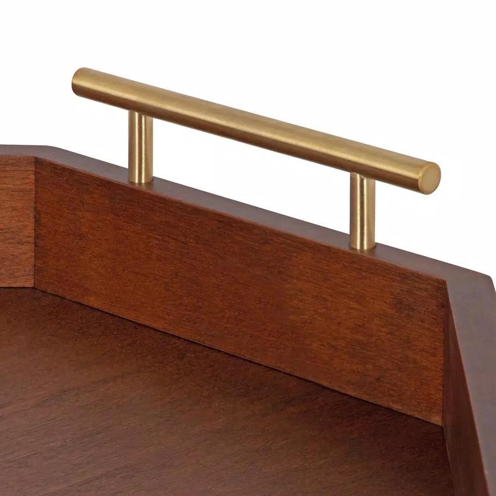 Kate and Laurel Lipton Walnut Brown Wood Hexagon Decorative Tray with Gold Handles