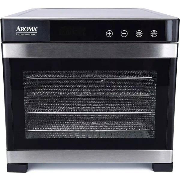 AROMA 6-Tray Digital Food Dehydrator with Glass Door and Stainless Steel Trays, 600W, Black