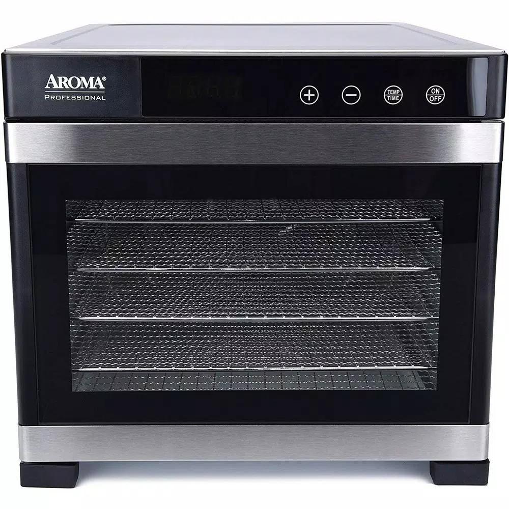 AROMA 6-Tray Digital Food Dehydrator with Glass Door and Stainless Steel Trays, 600W, Black