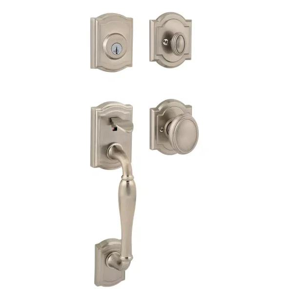 Baldwin Prestige Wesley Single Cylinder Satin Nickel Handleset with Arch Rose Carnaby Knob and SmartKey Security