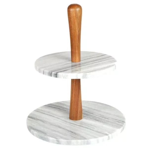 Creative Home 2-Tier Natural Marble and Acacia Wood Cake Dessert Stand, Round Pastry & Fruit Server