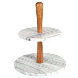 Creative Home 2-Tier Natural Marble and Acacia Wood Cake Dessert Stand, Round Pastry & Fruit Server thumbnail 1