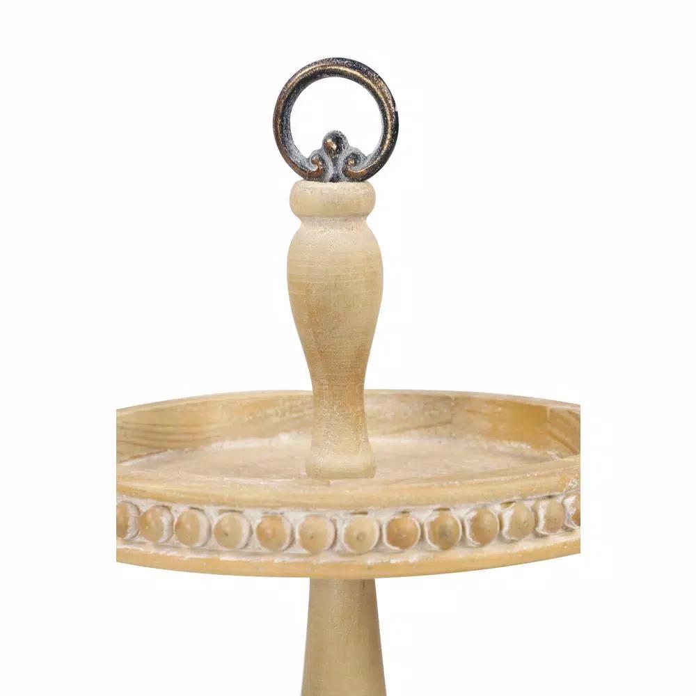 LITTON LANE Tall Natural Beige Birch Wood 2-Tier Round Serving Tray Stand with Wood Bead Accents
