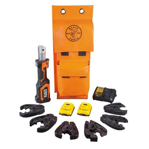Klein Tools Battery-Operated Cable Cutter/Crimper Kit with 6 Jaws, 2 Batteries & Charger