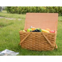 Vintiquewise Large Handwoven Woodchip Picnic Basket with Wooden Lid and White Lining thumbnail 2