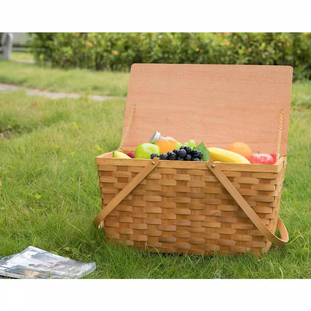 Vintiquewise Large Handwoven Woodchip Picnic Basket with Wooden Lid and White Lining