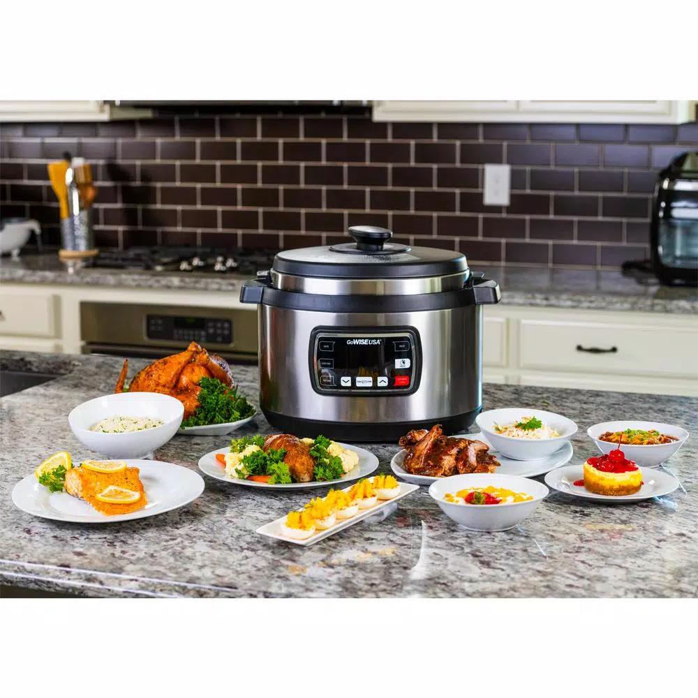 GoWISE USA Ovate 8.5 Qt. Stainless Steel Electric Oval Pressure Cooker with Accessories and 50 Recipes