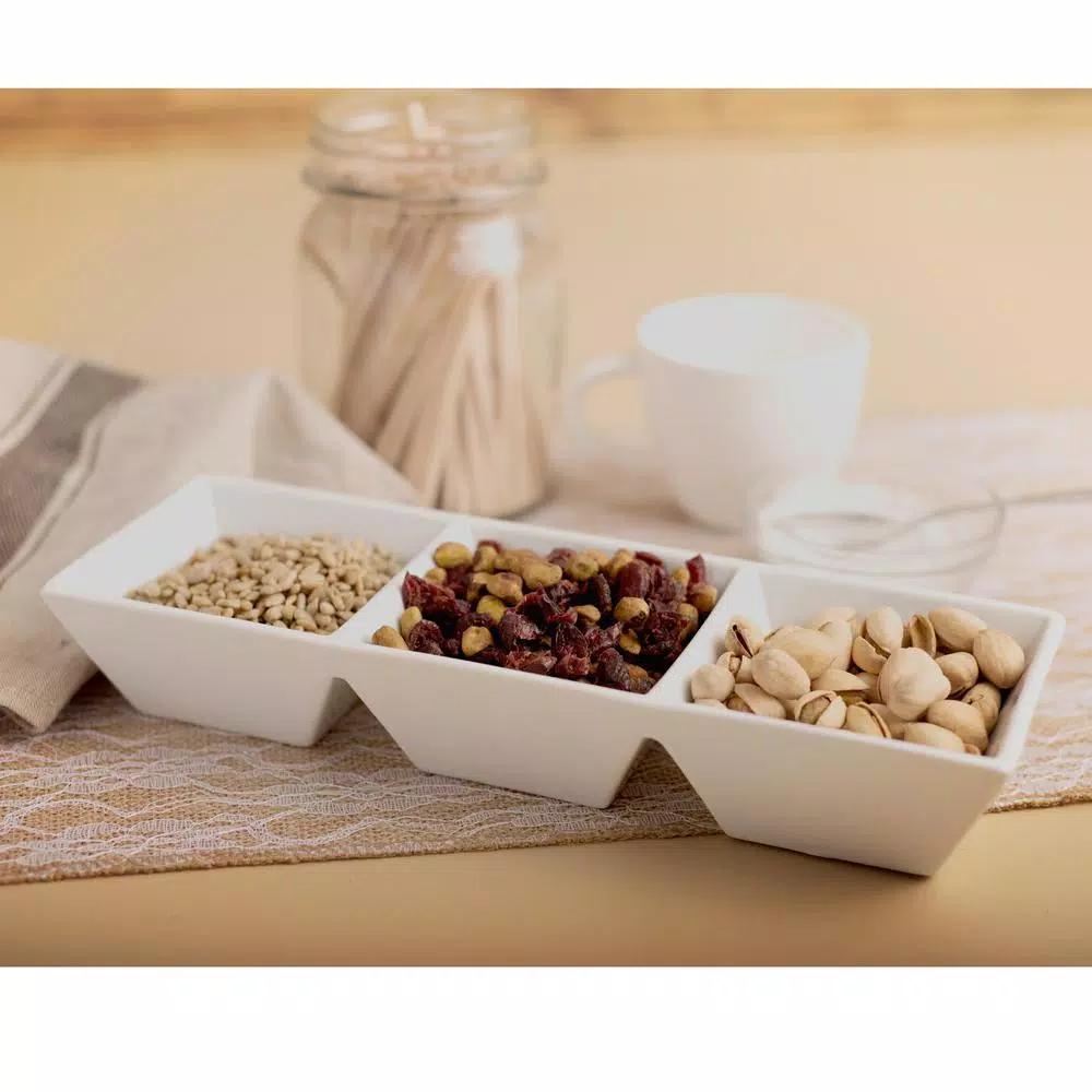 Home Essentials White Three Section Porcelain Serving Tray, 11.5 in. Square Stoneware Divided Dish