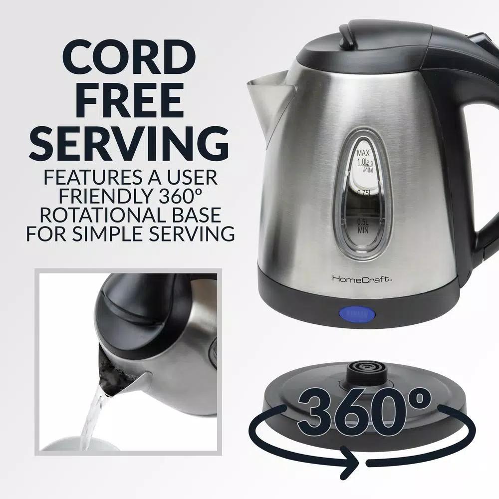 HomeCraft 1-Liter Stainless Steel Electric Kettle, 1500W Rapid Boil, 4-Cup Cordless Water Boiler