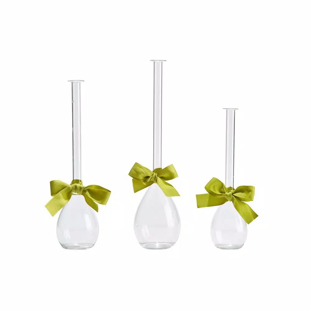 Two's Company Hand-Blown Glass Teardrop Vase Set of 3 with Sage Green Ribbon Detail