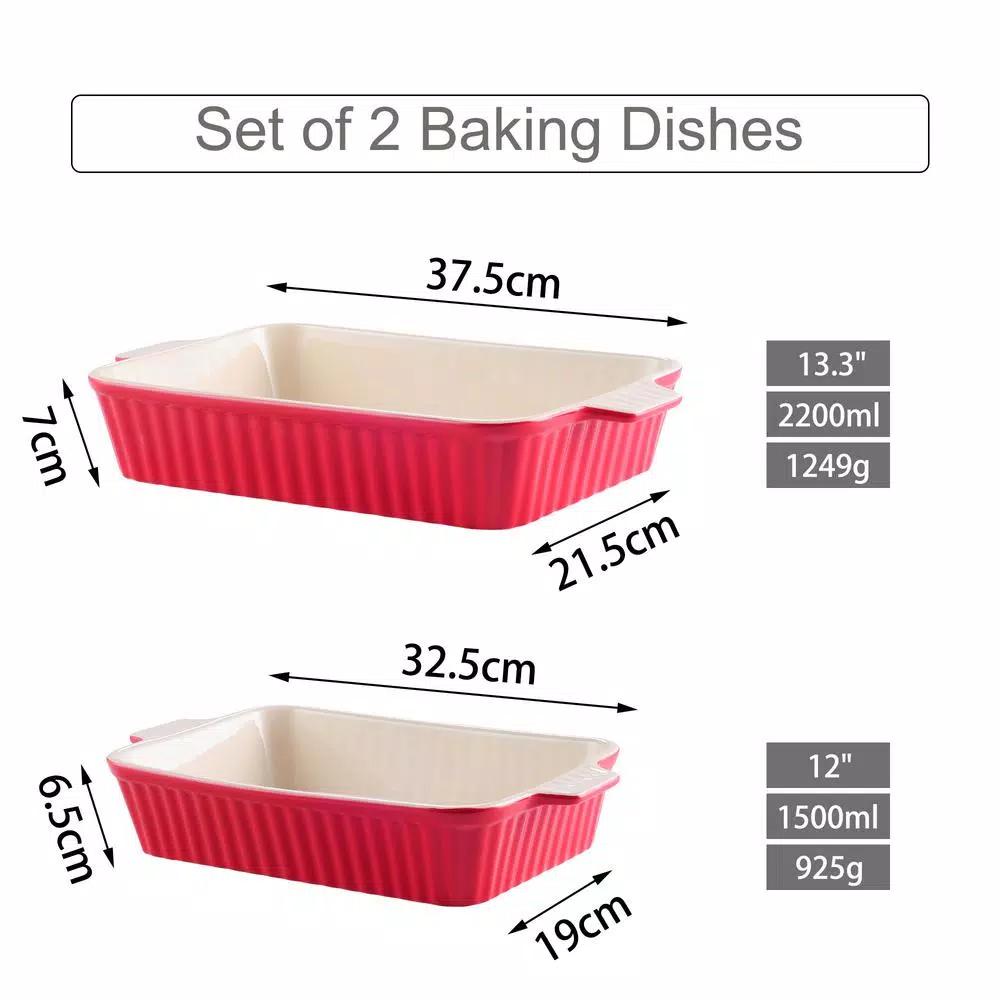 MALACASA 2-Piece Red Porcelain Rectangle Bakeware Set, 12 in. and 13 in. Ceramic Baking Dishes