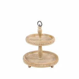 LITTON LANE Tall Natural Beige Birch Wood 2-Tier Round Serving Tray Stand with Wood Bead Accents thumbnail 1