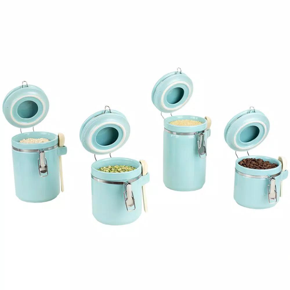 Home Basics 4-Piece Ceramic Kitchen Canister Set with Wooden Spoons - Turquoise