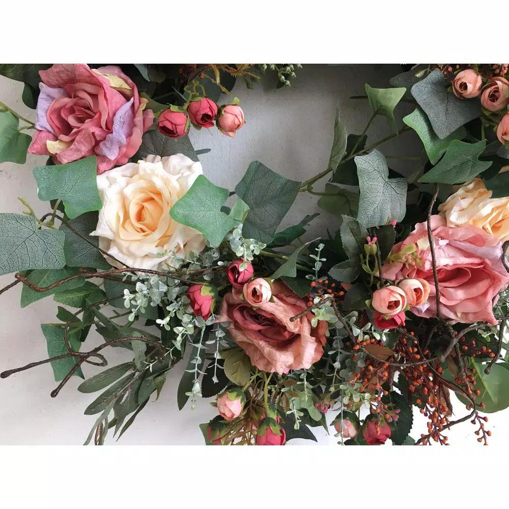 Glitzhome 26 in. Artificial Green Wreath with Roses, Eucalyptus, and Lambs Ear