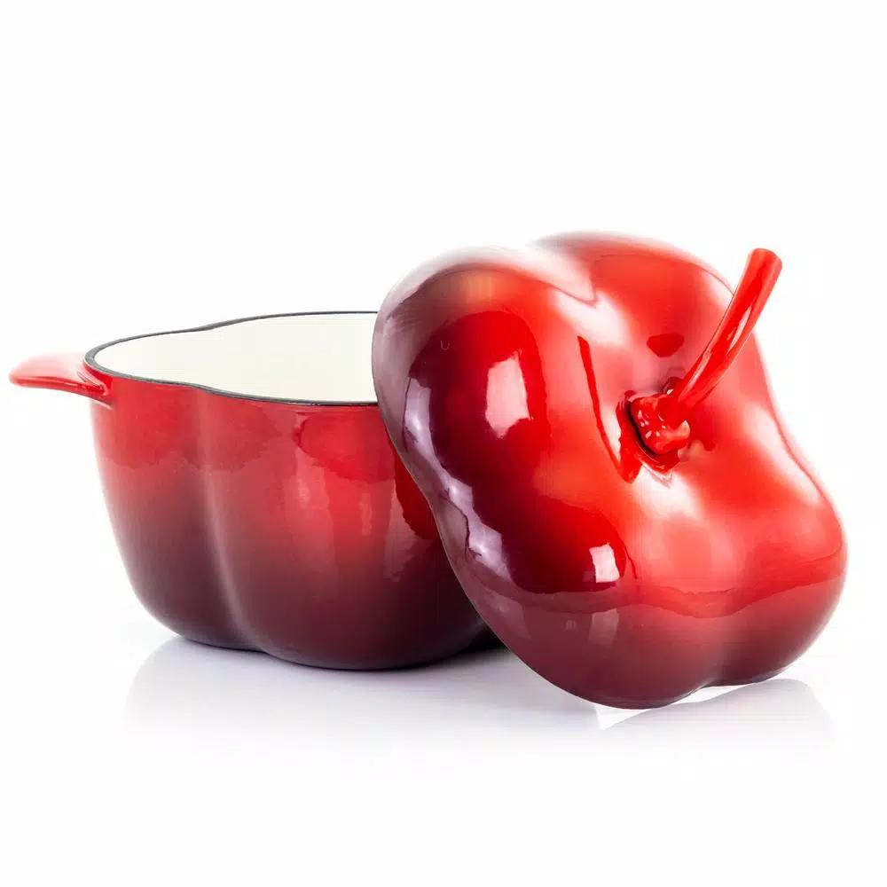 MegaChef 3 Qt. Pepper Shaped Enameled Cast Iron Casserole Dish, Red
