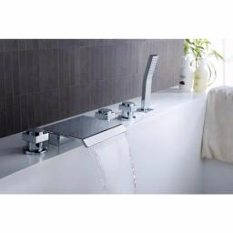 ANZZI Guaira 3-Handle Deck-Mount Roman Tub Faucet with Waterfall Spout and Handheld Sprayer, Polished Chrome thumbnail 2