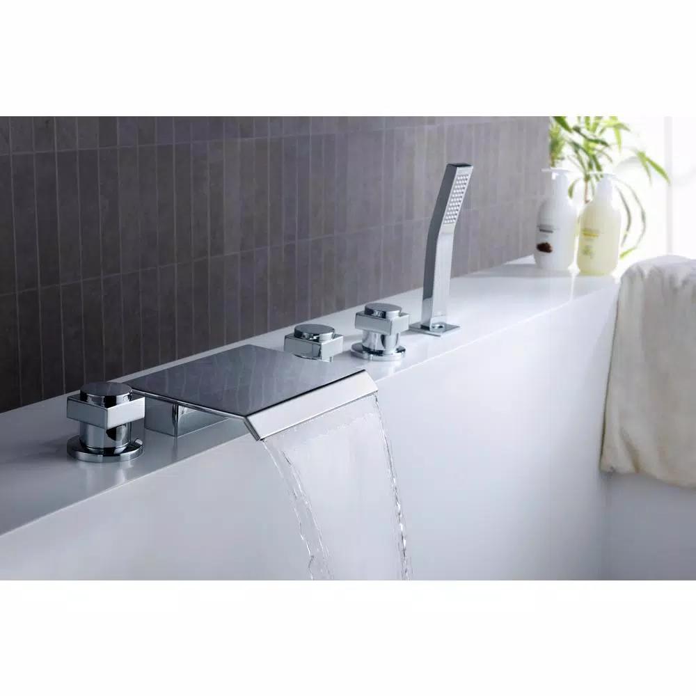 ANZZI Guaira 3-Handle Deck-Mount Roman Tub Faucet with Waterfall Spout and Handheld Sprayer, Polished Chrome