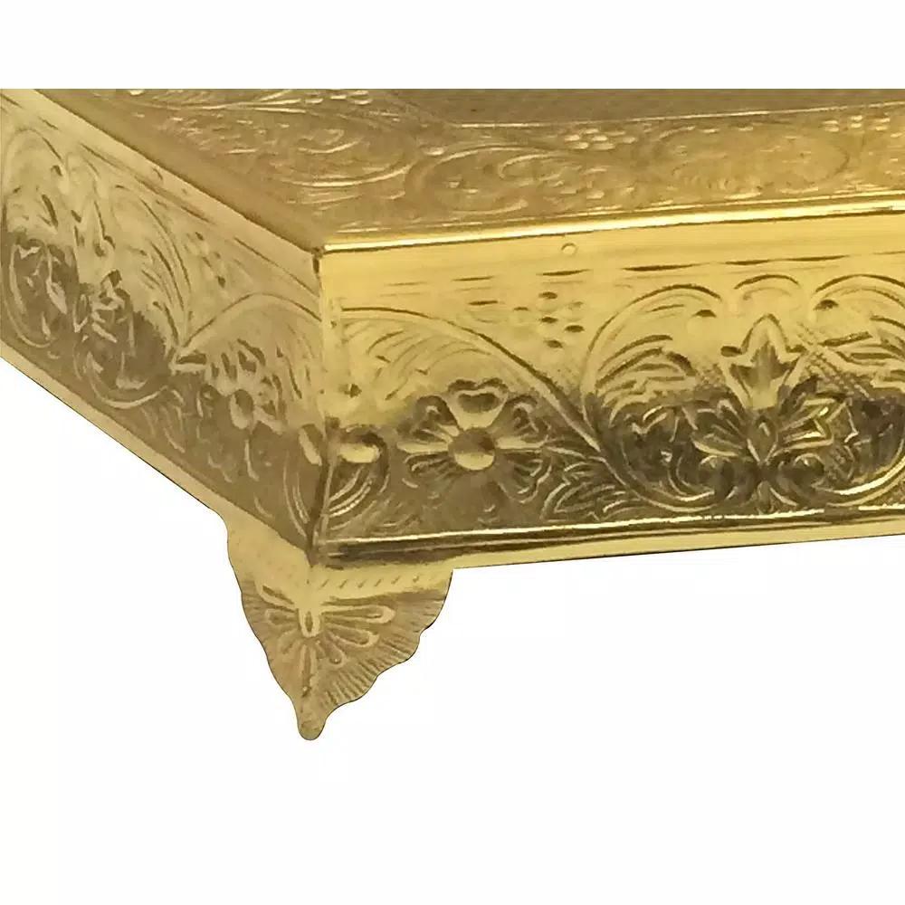 Benzara 16 in. Hexagonal Gold Metal Wedding Cake Stand with Embossed Art Detail
