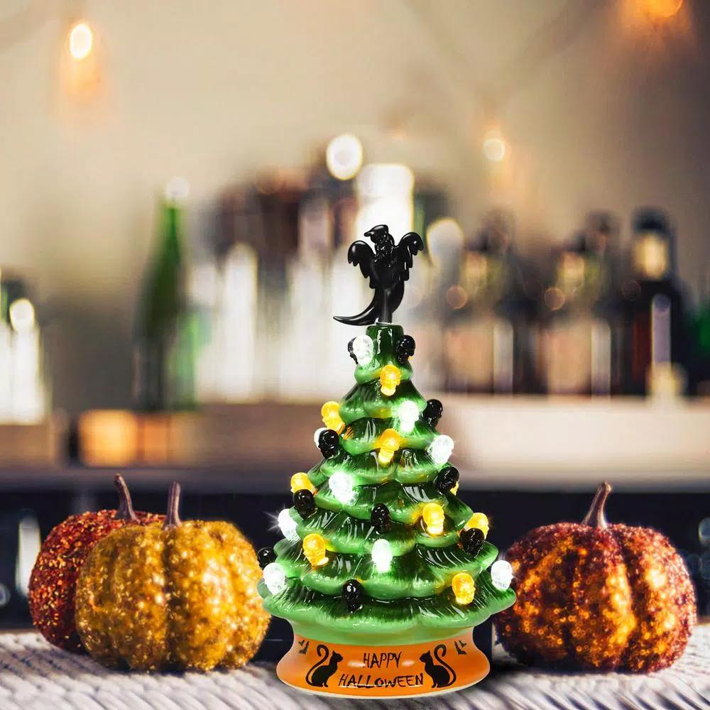 Costway 11.5 in. Green Ceramic LED Haunted Halloween Tree with Ghost and Skeleton Accents