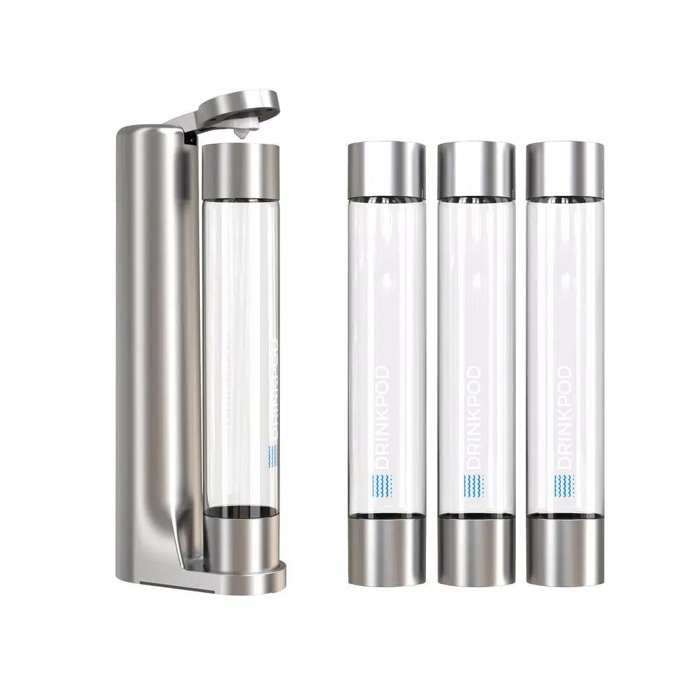 Drinkpod FIZZPod Silver One-Touch Sparkling Soda Maker Machine with 3 PET Bottles