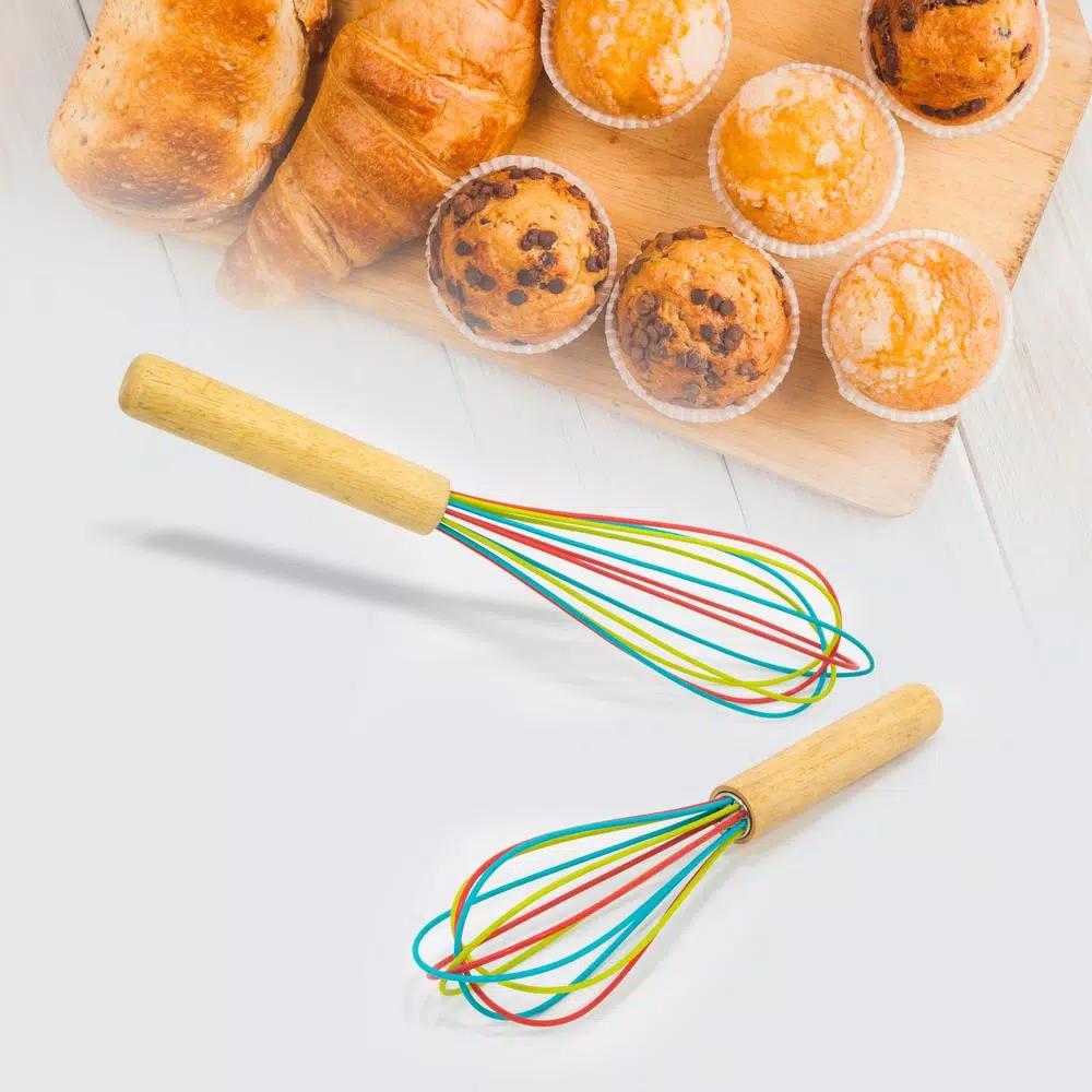 ExcelSteel 10 in. Silicone Tri-Color Whisk with Comfortable Wooden Handle